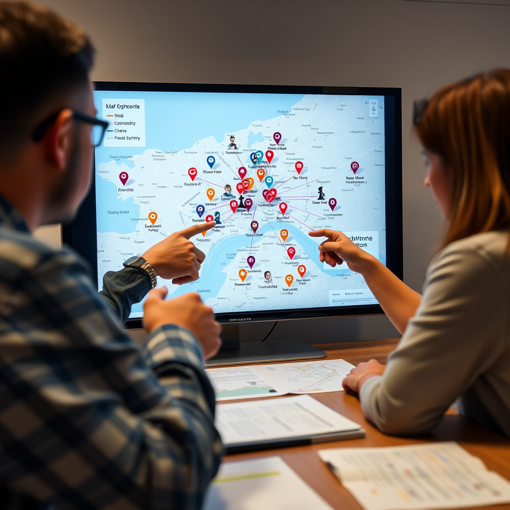Create a photorealistic image showing local community connections. Subject: A map of a city neighborhood on a digital screen, with pins representing different clubs and schools (soccer club, language school, chess club) connected by lines showing relationships and shared events. Composition: Medium shot showing the map screen with people pointing at different locations. Lighting: Natural office lighting with screen glow illuminating faces. Color palette: Earth tones for the map with bright accent colors for the pins and connections. Camera angle: Slightly angled to show both the screen and the people interacting with it. Texture details: Realistic screen pixels, paper textures on desk, clothing fabrics. Environment: Community center or office setting. Style: Documentary-style realism. Technical specs: 4K, natural color grading.